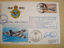 75th Anniversary of the Royal Air Force, R.A.F., 2. maailmansota, WWII, 1993, Falkland Islands, ensipäiväkuori, FDC + kortti, kuoressa Wing Commander Tony Main,