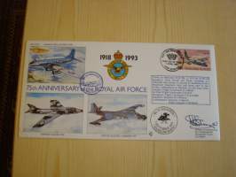 75th Anniversary of the Royal Air Force, R.A.F., 2. maailmansota, WWII, 1993, Falkland Islands, ensipäiväkuori, FDC + kortti, kuoressa Wing Commander Martin