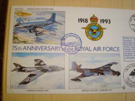 75th Anniversary of the Royal Air Force, R.A.F., 2. maailmansota, WWII, 1993, Falkland Islands, ensipäiväkuori, FDC + kortti, kuoressa Wing Commander Martin