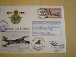 75th Anniversary of the Royal Air Force, R.A.F., 2. maailmansota, WWII, 1993, Falkland Islands, ensipäiväkuori, FDC + kortti, kuoressa Wing Commander Martin