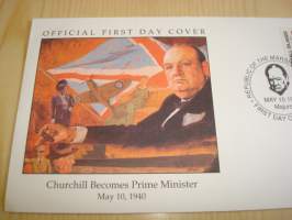 Churchill Becomes Prime Minister 1940, WWII, 2. maailmansota, Marshall Islands, 1990, ensipäiväkuori, FDC. Katso myös muut kohteeni mm. noin 1200 erilaista