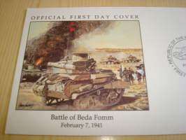 Battle of Beda Fomm 1941, WWII, 2. maailmansota, Marshall Islands, 1991, ensipäiväkuori, FDC. Katso myös muut kohteeni mm. noin 1200 erilaista amerikkalaista