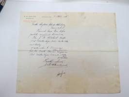 K.H. Renlund, Helsingfors, 18.10.1895 - Suomen Sahanterätehdas Oy, Tampere -asiakirja, allekirjoitus K.H. Renlund -business document