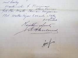 K.H. Renlund, Helsingfors, 18.10.1895 - Suomen Sahanterätehdas Oy, Tampere -asiakirja, allekirjoitus K.H. Renlund -business document