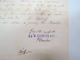 W.Rosenlew &amp; Co Ab, Björneborg, 14.2.1895 - Suomen Sahanterätehdas Oy, Tampere -asiakirja, allekirjoitus W. Rosenlew -business document