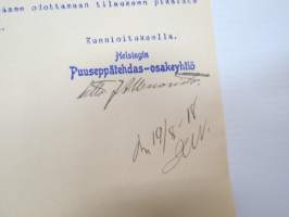 Helsingin Puuseppätehdas-Osakeyhtiö, Helsinki, 16.8.1918 - Suomen Sahanterätehdas Oy / Finska Sågblads Aktiebolag, Tampere -asiakirja -business document