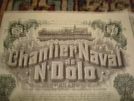 Chantier Naval N´de Dolo, osakekirja vuodelta 1927, laiva, hieno. Katso myös muut kohteeni, mm. noin 1500 erilaista amerikkalaista ensipäiväkuorta, lähes 1000