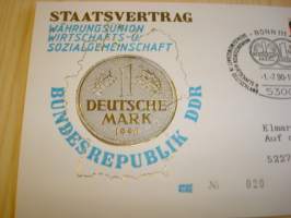 1 Deutche Mark, 1990, Itä-Saksa, DDR, ensipäiväkuori, FDC, numeroitu: 020. Katso myös muut kohteeni mm. noin 1200 erilaista amerikkalaista ensipäiväkuorta