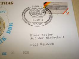 1 Deutche Mark, 1990, Itä-Saksa, DDR, ensipäiväkuori, FDC, numeroitu: 020. Katso myös muut kohteeni mm. noin 1200 erilaista amerikkalaista ensipäiväkuorta