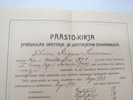Päästö-kirja Jyväskylän opettaja- ja opettajatar-seminaarista - Elvira Dagmar Suominen, 10.6.1910, allekirjoitus Nestor Ojala -school certificate