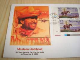 Montana Statehood, Cowboy, Villi Länsi, 1989, USA, ensipäiväkuori, FDC. Katso myös muut kohteeni mm. noin 1200 erilaista amerikkalaista ensipäiväkuorta