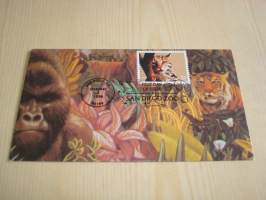 Ocelot, San Dieg Zoo, tiikeri, gorilla, 1996, USA, ensipäiväkuori, FDC, hieno. Katso myös muut kohteeni mm. noin 1200 erilaista amerikkalaista ensipäiväkuorta