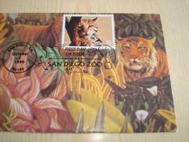 Ocelot, San Dieg Zoo, tiikeri, gorilla, 1996, USA, ensipäiväkuori, FDC, hieno. Katso myös muut kohteeni mm. noin 1200 erilaista amerikkalaista ensipäiväkuorta