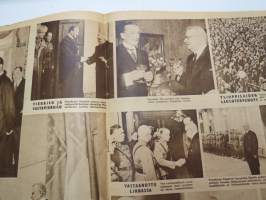 Suomen Kuvalehti 1946 nr 12, ilmestynyt 23.3.1946, sis. mm. seur. artikkelit / kuvat / mainokset; Kansikuva &quot;Kelkka liukuu&quot;, Hautakivikeskus, Amerikkalainen