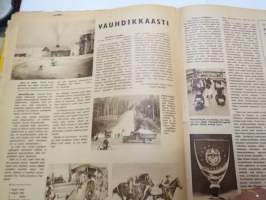 Suomen Kuvalehti 1946 nr 12, ilmestynyt 23.3.1946, sis. mm. seur. artikkelit / kuvat / mainokset; Kansikuva &quot;Kelkka liukuu&quot;, Hautakivikeskus, Amerikkalainen