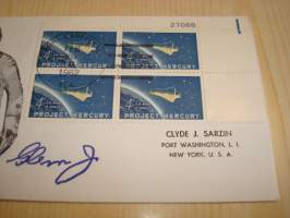 Project Mercury, 1962, USA, ensipäiväkuori, FDC. Kuoresssa astronautti John Glenn nimikirjoitus. Harvoin tarjolla. Katso myös muut kohteeni mm. vuosien 1982,