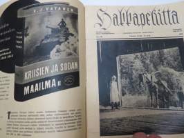 Hakkapeliitta 1943 nr 28, sis. mm. seur. artikkelit / kuvat / mainokset; Sotatilannekatsaus, Kesäinen tuokiokuva etulinjoilta, Telttasauna, Bismarck