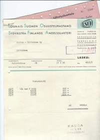 Lounais-Suomen Osuusteurastamo  LSO  - lasku 1958  ,  firmalomake ja 4 lähetysluetteloa