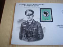 2. maailmansota, WWII, Rommel Named Commander of Africa Corps, 50th Anniversary World War Commemorative Cover, 1941-1991, kuori + kortti, harvinaisempi versio,