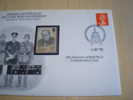 2. maailmansota, WWII, Britain and France Declare War on Germany, 50th Anniversary World War Commemorative Cover, 1939-1989, kuori + kortti, harvinaisempi versio,