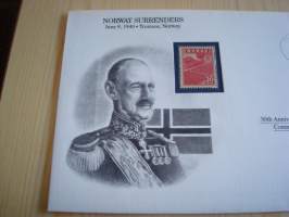 2. maailmansota, WWII, Norway Surrenders, 50th Anniversary World War Commemorative Cover, 1940-1990, kuori + kortti, harvinaisempi versio, hieno. Katso myös muut