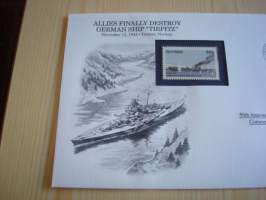 2. maailmansota, WWII, Allies Finally Destroy German Ship Tirpitz, 50th Anniversary World War Commemorative Cover, 1944-1994, kuori + kortti, harvinaisempi versio,