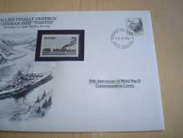 2. maailmansota, WWII, Allies Finally Destroy German Ship Tirpitz, 50th Anniversary World War Commemorative Cover, 1944-1994, kuori + kortti, harvinaisempi versio,