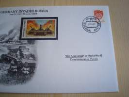 2. maailmansota, WWII, Germany Invades Russia, 50th Anniversary World War Commemorative Cover, 1941-1991, kuori + kortti, harvinaisempi versio, hieno. Katso myös