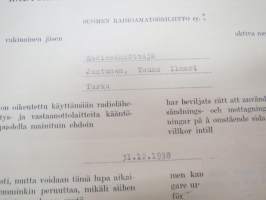 Radioamatöörilupatodistus, radiosähköttäjä Tauno Ilmari Juntunen, 11.1.1954, leimamerkit -radio amateur´s certificate with tax stamps
