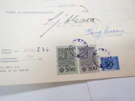 Radioamatöörilupatodistus, radiosähköttäjä Tauno Ilmari Juntunen, 11.1.1954, leimamerkit -radio amateur´s certificate with tax stamps