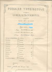 Forssan Yhteiskoulu Lukukausi-todistus  1912 - todistus