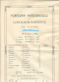 Forssan Yhteiskoulu Lukukausi-todistus  1916 - todistus