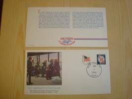 First Immigrants at Ellis Island, New York, 1892, USA, 1979, ensipäiväkuori, FDC + kortti, harvinaisempi versio, hieno. Amerikansuomalaiset siirtolaiset. Katso