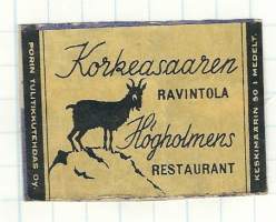 Korkeasaaren Ravintola -  tulitikkuetiketti  alustalla