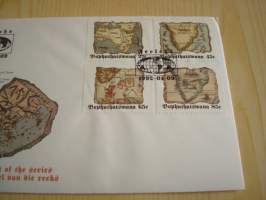 Old Maps of Africa, vanhat kartat, 1992, Bobhuthatswana, ensipäiväkuori, FDC + kortti, 4 erilaista postimerkkiä, hieno. Katso myös muut kohteeni mm. noin 1200
