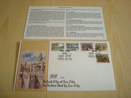 The Lost City at Sun City, Kadonnut kaupunki, 1992, Bobhuthatswana, ensipäiväkuori, FDC + kortti, 5 erilaista postimerkkiä, hieno. Katso myös muut kohteeni mm.