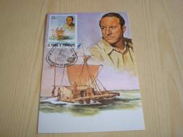 Thor Heyerdahl, Kontiki, Sao Tome &amp; Principe, 1982, maksikortti, FDC, hieno. Katso myös muut kohteeni mm. noin 1200 erilaista amerikkalaista ensipäiväkuorta