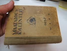 Maatalouskalenteri 1937, tietopohjaisia artikkeleita, taulukoita, runsaasti mainoksia maatalouteen liittyen, runsaasti merkintöjä liittyen maataloustöiden