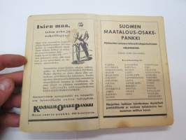 Maatalouskalenteri 1937, tietopohjaisia artikkeleita, taulukoita, runsaasti mainoksia maatalouteen liittyen, runsaasti merkintöjä liittyen maataloustöiden