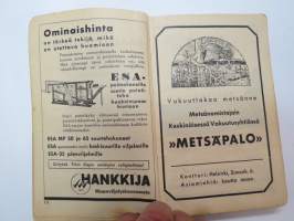 Maatalouskalenteri 1937, tietopohjaisia artikkeleita, taulukoita, runsaasti mainoksia maatalouteen liittyen, runsaasti merkintöjä liittyen maataloustöiden
