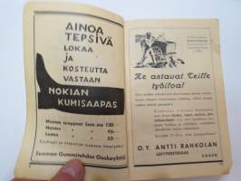 Maatalouskalenteri 1937, tietopohjaisia artikkeleita, taulukoita, runsaasti mainoksia maatalouteen liittyen, runsaasti merkintöjä liittyen maataloustöiden
