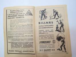 Maatalouskalenteri 1937, tietopohjaisia artikkeleita, taulukoita, runsaasti mainoksia maatalouteen liittyen, runsaasti merkintöjä liittyen maataloustöiden