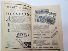 Maatalouskalenteri 1937, tietopohjaisia artikkeleita, taulukoita, runsaasti mainoksia maatalouteen liittyen, runsaasti merkintöjä liittyen maataloustöiden