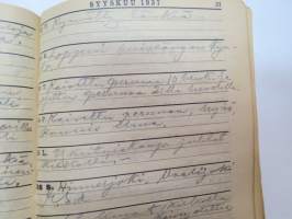 Maatalouskalenteri 1937, tietopohjaisia artikkeleita, taulukoita, runsaasti mainoksia maatalouteen liittyen, runsaasti merkintöjä liittyen maataloustöiden