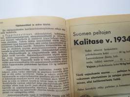 Maatalouskalenteri 1937, tietopohjaisia artikkeleita, taulukoita, runsaasti mainoksia maatalouteen liittyen, runsaasti merkintöjä liittyen maataloustöiden