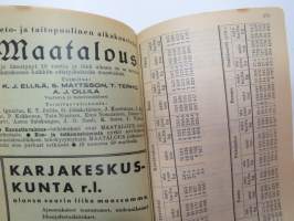 Maatalouskalenteri 1937, tietopohjaisia artikkeleita, taulukoita, runsaasti mainoksia maatalouteen liittyen, runsaasti merkintöjä liittyen maataloustöiden