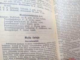 Maatalouskalenteri 1937, tietopohjaisia artikkeleita, taulukoita, runsaasti mainoksia maatalouteen liittyen, runsaasti merkintöjä liittyen maataloustöiden