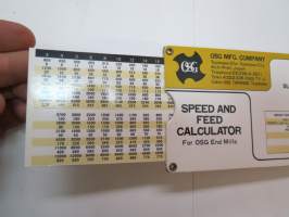 OSG MFG. Company - Speed and feed calculator -laskutikku / vetotaulukko / muunnosviivain (sorvaukseen?) -diagram