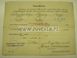 Työmääräys 1942 Lempi Hollming / Alastaron kunnan työvoimapäällikkö -asiakirja