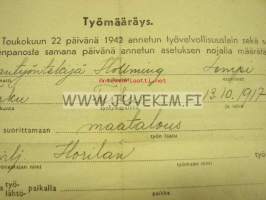 Työmääräys 1942 Lempi Hollming / Alastaron kunnan työvoimapäällikkö -asiakirja